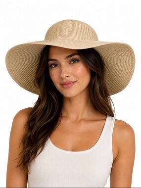 Free Authority Wide Brim Straw Sun Hat - Beige packable beach, pool lightweight